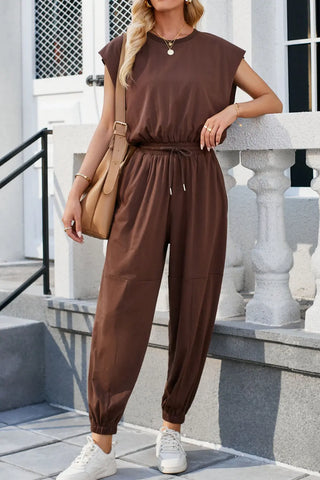 Round Neck Cap Sleeve Jumpsuit Divacious