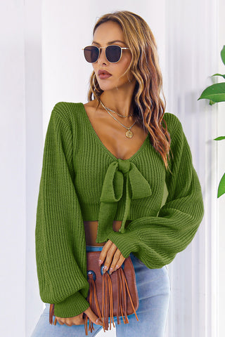 Bow V-Neck Long Sleeve Cropped Sweater Divacious