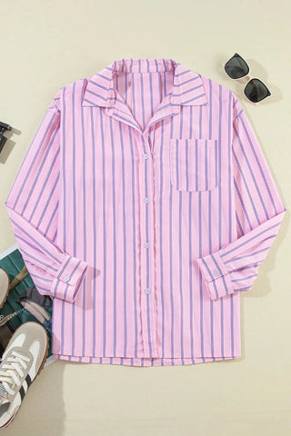 Striped Collared Neck Long Sleeve Shirt Divacious