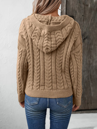 Cable-Knit Long Sleeve Hooded Sweater - Divacious