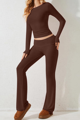 Devine Round Neck Long Sleeve Top and Pants Set Trendsi