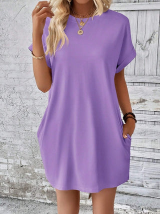 Pocketed Round Neck Short Sleeve Dress Trendsi