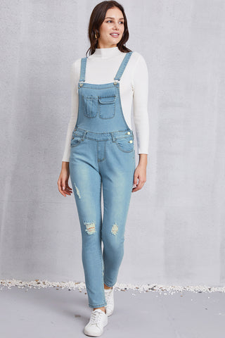 Distressed Washed Denim Overalls with Pockets Divacious