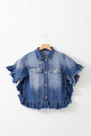 Ruffled Raw Hem Half Sleeve Denim Top Divacious