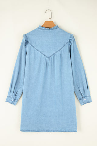 Button Up Notched Long Sleeve Denim Dress Divacious