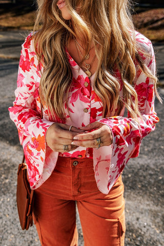 Floral Flare Sleeve Button Up V-Neck Bodysuit Divacious