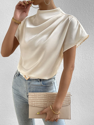 Ruched Mock Neck Short Sleeve Blouse Divacious