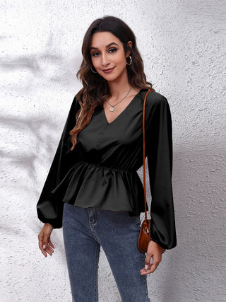 V-Neck Balloon Sleeve Peplum Blouse Divacious