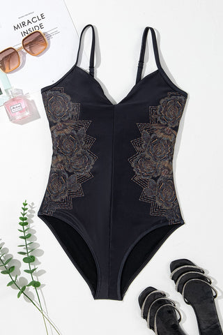 Embroidered V-Neck One-Piece Swimwear Divacious