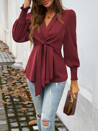 Smocked Surplice Long Sleeve Blouse Divacious