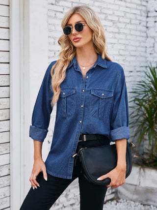 Button Up Collared Neck Denim Jacket Divacious