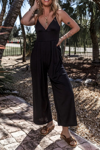 Surplice Spaghetti Strap Wide Leg Jumpsuit Divacious