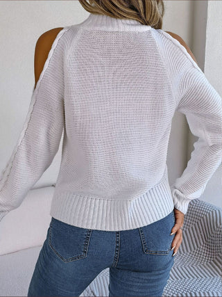 Cable-Knit Turtleneck Cold Shoulder Sweater Divacious