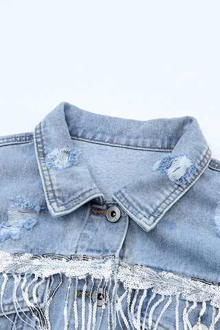 Sequin Fringe Trim Distressed Button Up Denim Jacket Divacious