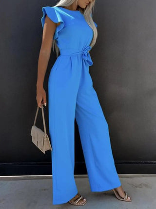 Ruffled Round Neck Cap Sleeve Jumpsuit Divacious