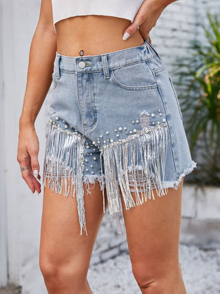 Distressed Pearl Trim Denim Shorts with Pockets Divacious