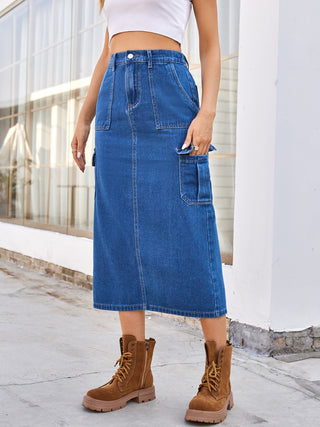 Slit Midi Denim Skirt with Pockets Divacious