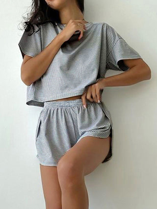 Striped Round Neck Top and Shorts Set Trendsi