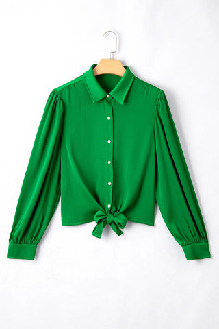 Tied Collared Neck Long Sleeve Shirt - Divacious