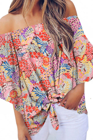 Tied Printed Off-Shoulder Half Sleeve Blouse Divacious