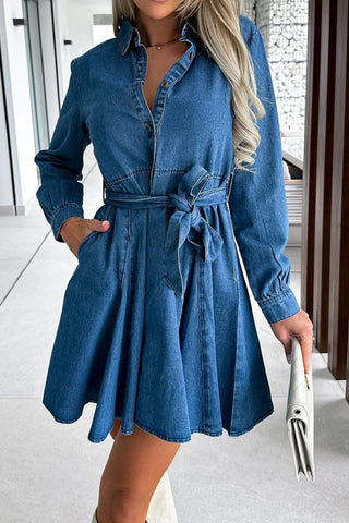 Tied Half Button Long Sleeve Denim Dress Divacious