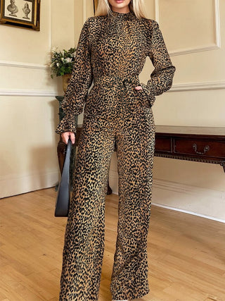 Leopard Flounce Sleeve Wide Leg Jumpsuit - Divacious