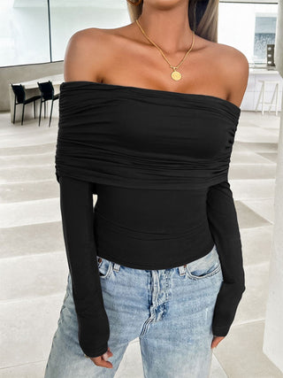 Ruched Off-Shoulder Long Sleeve T-Shirt Divacious