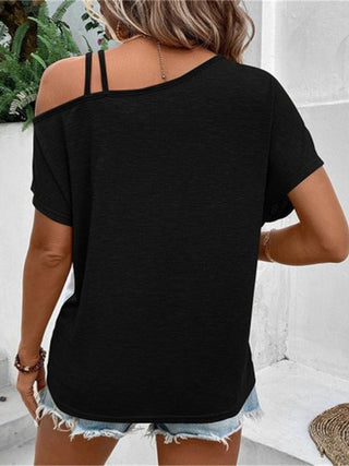 Contrast Asymmetrical Neck Short Sleeve T-Shirt Divacious