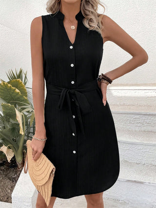 Tied Buttoned Up Notched Sleeveless Dress Trendsi