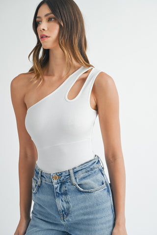 MABLE One Shoulder Ribbed Cutout Detail Bodysuit Divacious