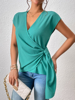 Tied Surplice Neck Short Sleeve Blouse Divacious