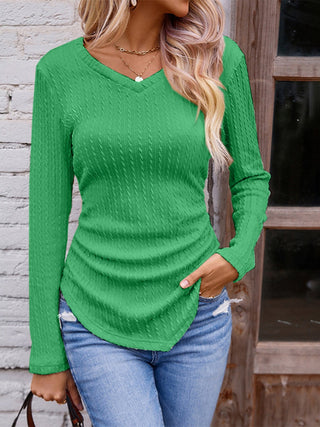 Textured Ruched V-Neck Long Sleeve T-Shirt Divacious