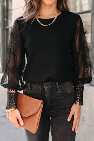 Lace Detail Mesh Lantern Sleeve Blouse Divacious