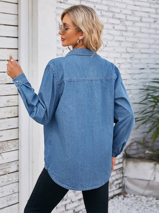 Button Up Collared Neck Denim Jacket Divacious