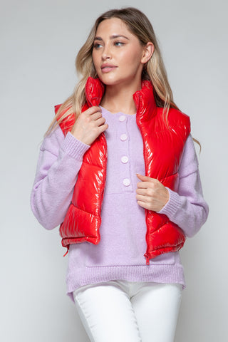 Snobbish Zip Up Turtleneck Shiny Quilted Vest Trendsi