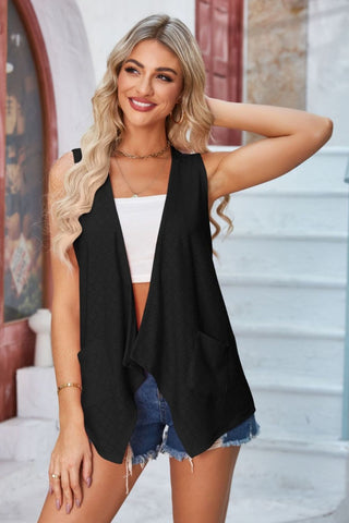 Eyelet Open Front Sleeveless Cardigan Divacious