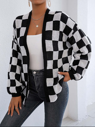 Checkered Open Front Long Sleeve Cardigan - Divacious