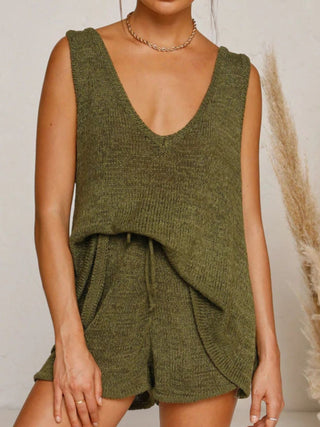 V-Neck Sleeveless Top and Drawstring Shorts Sweater Set Trendsi