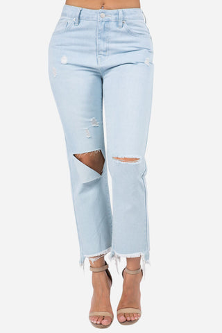 High Waist Distressed Raw Hem Jeans Divacious