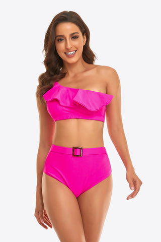 Ruffled One-Shoulder Buckled Bikini Set Divacious