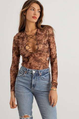 HERA COLLECTION Abstract Mesh Lace-Up Long Sleeve Bodysuit Divacious