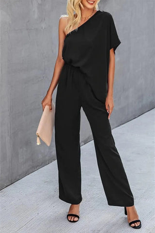 Single Shoulder Short Sleeve Jumpsuit Divacious