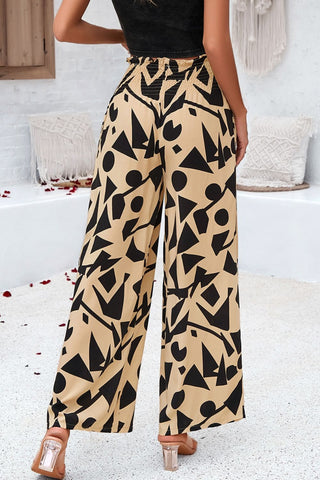 Smocked Printed Wide Leg Pants with Pockets Divacious