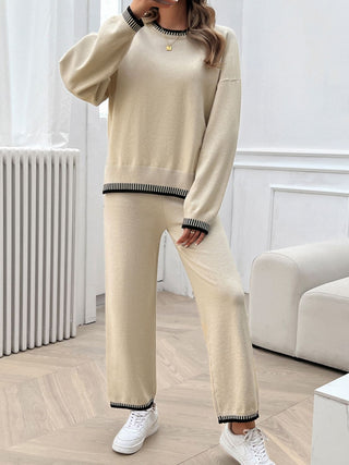 Devine Round Neck Dropped Shoulder Top and Pants Sweater Set Trendsi