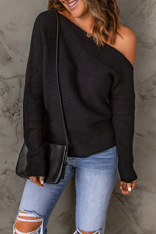 Horizontal Ribbing One-Shoulder Sweater Divacious