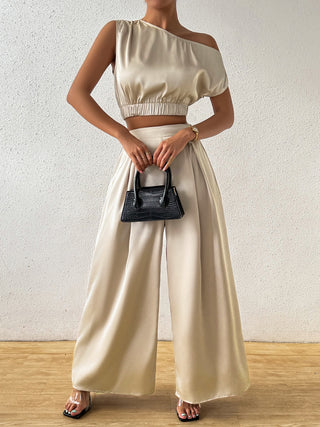 Honey One Shoulder Short Sleeve Top and Wide Leg Pants Set Trendsi