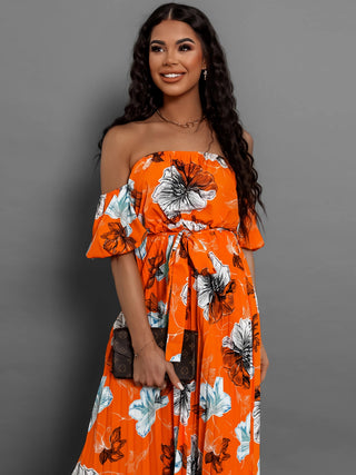 Pleated Floral Off-Shoulder Short Sleeve Midi Dress Trendsi