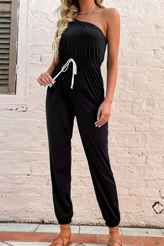 One-Shoulder Drawstring Waist Jogger Jumpsuit Divacious