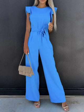 Ruffled Round Neck Cap Sleeve Jumpsuit Divacious