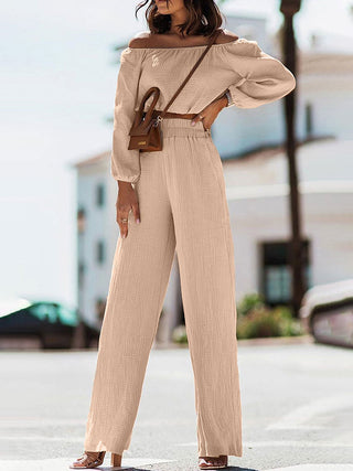 Off Shoulder Long Sleeve Top and Pants Set Trendsi